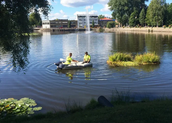 Flytende våtmark Planter anlegges ved et utslipp i dammen for å forbedre vannkvaliteten
