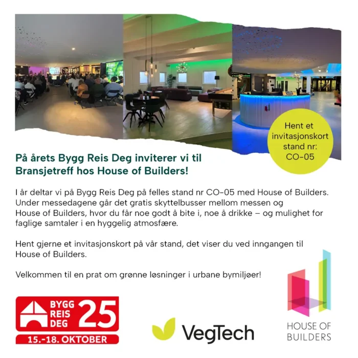 VegTech deltar på Bygg Reis Deg 15-18 oktober 2025